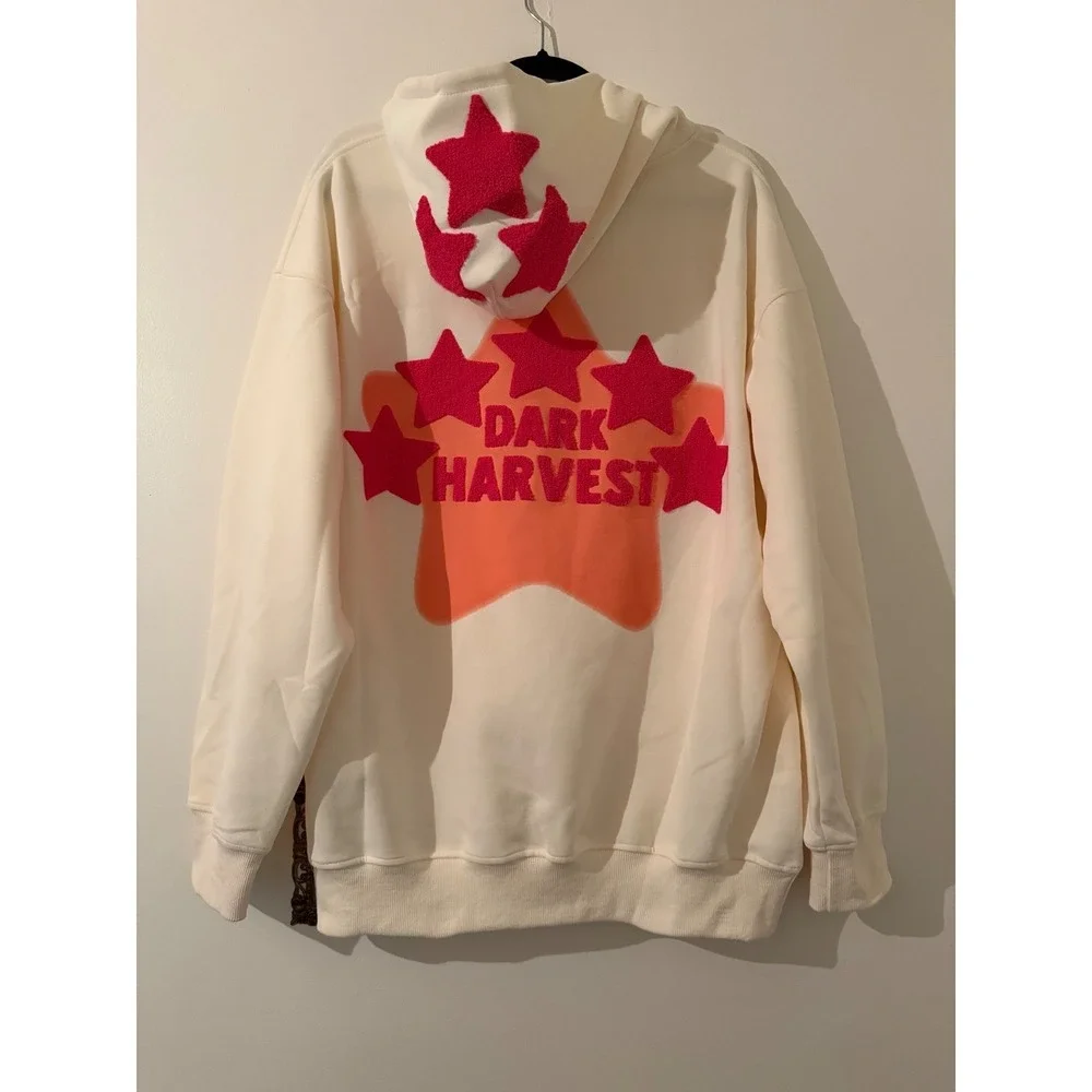 VAMTAC Dark Harvest Star Embroidered Oversized Hoodie Pullover Cream Pink Medium